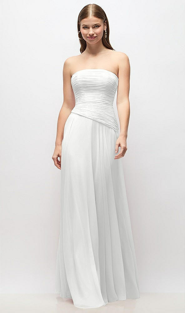 Front View - White Strapless Chiffon Maxi Dress with Asymmetrical Ruched Drop Waist