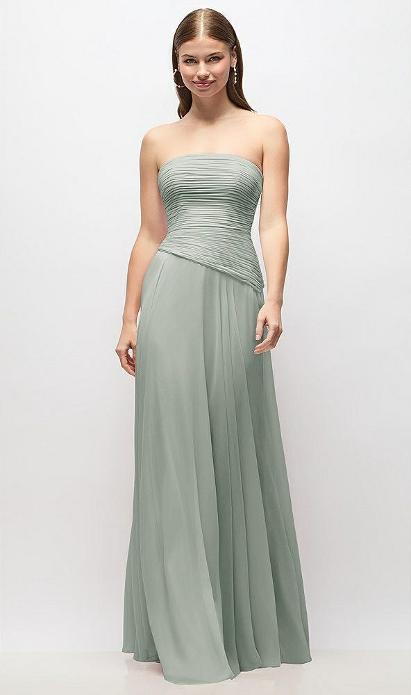 Front View - Willow Green Strapless Chiffon Maxi Dress with Asymmetrical Ruched Drop Waist