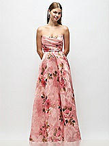 Rear View Thumbnail - Guava Floral Print Strapless Organza Jacquard Maxi Dress with Draped Cat-Eye Bodice