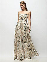 Front View Thumbnail - Plumeria Floral Print Strapless Metallic Organza Jacquard Maxi Dress with Draped Cat-Eye Bodice