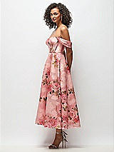 Side View Thumbnail - Guava Floral Print Strapless Organza Jacquard Bustier Midi Dress with Off-the-Shoulder Swags