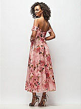 Rear View Thumbnail - Guava Floral Print Strapless Organza Jacquard Bustier Midi Dress with Off-the-Shoulder Swags