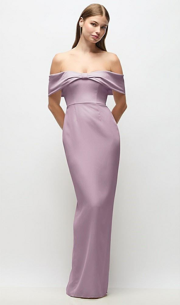 Front View - Suede Rose Off-the-Shoulder Crepe Column Maxi Dress with Bow-Pinch Detail