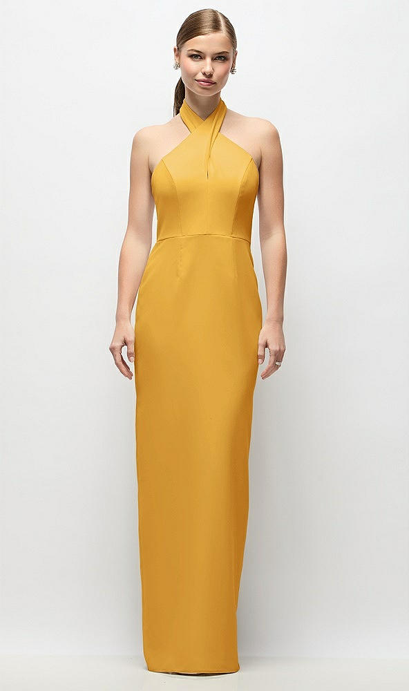 Front View - NYC Yellow Criss-Cross Halter Open-Back Crepe Column Maxi Dress