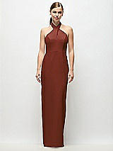 Front View Thumbnail - Auburn Moon Criss-Cross Halter Open-Back Crepe Column Maxi Dress