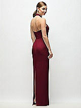Rear View Thumbnail - Burgundy Criss-Cross Halter Open-Back Crepe Column Maxi Dress