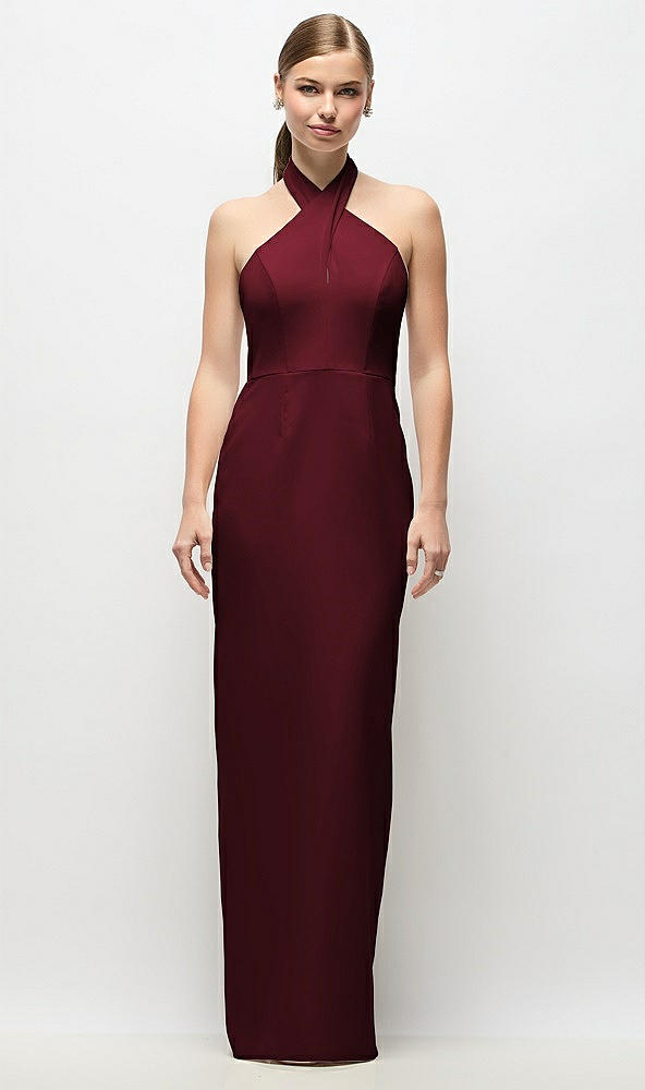 Front View - Cabernet Criss-Cross Halter Open-Back Crepe Column Maxi Dress