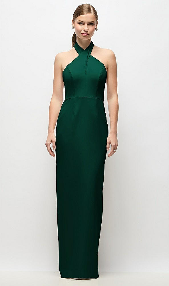 Front View - Hunter Green Criss-Cross Halter Open-Back Crepe Column Maxi Dress