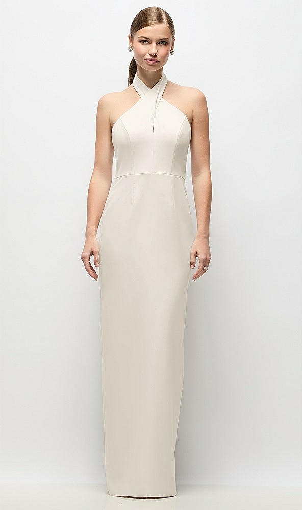 Front View - Ivory Criss-Cross Halter Open-Back Crepe Column Maxi Dress