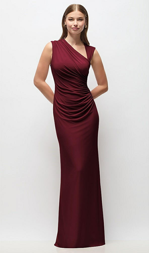 Front View - Cabernet Asymmetrical Cap Sleeve Matte Jersey Column Maxi Dress with Fanned Ruching