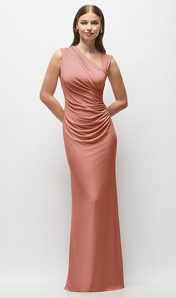 Front View - Desert Rose Asymmetrical Cap Sleeve Matte Jersey Column Maxi Dress with Fanned Ruching