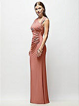 Side View Thumbnail - Desert Rose Asymmetrical Cap Sleeve Matte Jersey Column Maxi Dress with Fanned Ruching