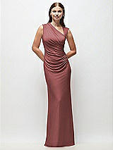 Front View Thumbnail - English Rose Asymmetrical Cap Sleeve Matte Jersey Column Maxi Dress with Fanned Ruching