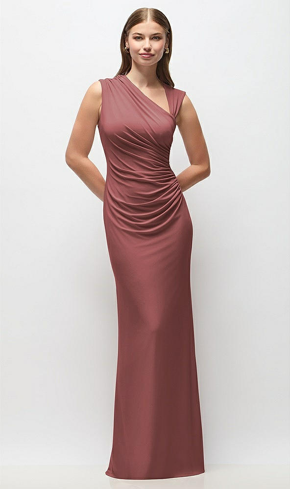 Front View - English Rose Asymmetrical Cap Sleeve Matte Jersey Column Maxi Dress with Fanned Ruching