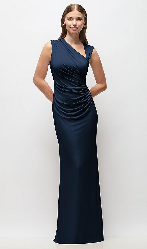 Front View - Midnight Navy Asymmetrical Cap Sleeve Matte Jersey Column Maxi Dress with Fanned Ruching