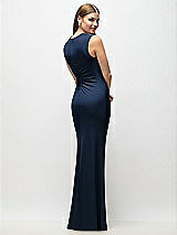 Rear View Thumbnail - Midnight Navy Asymmetrical Cap Sleeve Matte Jersey Column Maxi Dress with Fanned Ruching