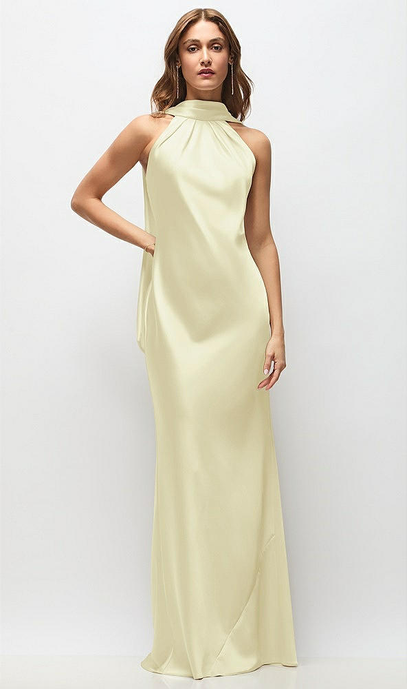 Front View - Butter Yellow Draped Scarf Halter Open-Back Stretch Satin Bias Maxi Dress with Adjustable Straps