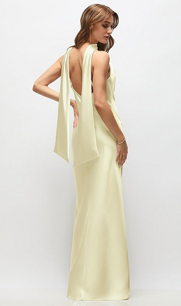 Back View - Butter Yellow Draped Scarf Halter Open-Back Stretch Satin Bias Maxi Dress with Adjustable Straps