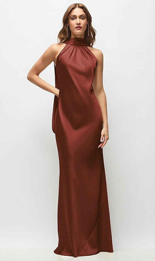 Front View - Auburn Moon Draped Scarf Halter Open-Back Stretch Satin Bias Maxi Dress with Adjustable Straps
