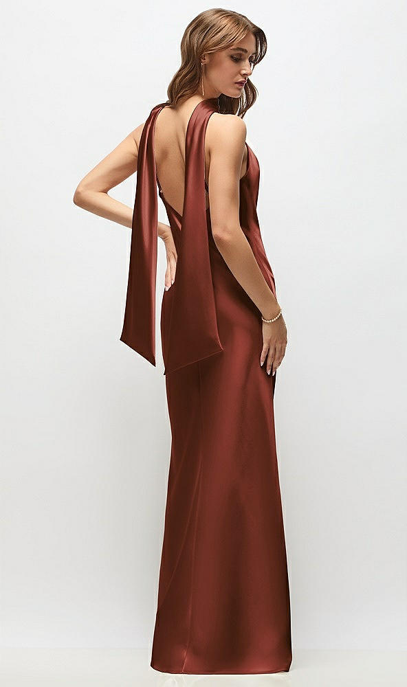 Back View - Auburn Moon Draped Scarf Halter Open-Back Stretch Satin Bias Maxi Dress with Adjustable Straps