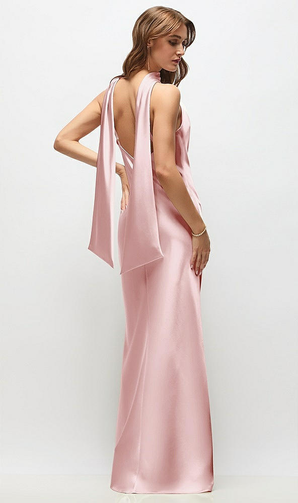 Back View - Ballet Pink Draped Scarf Halter Open-Back Stretch Satin Bias Maxi Dress with Adjustable Straps