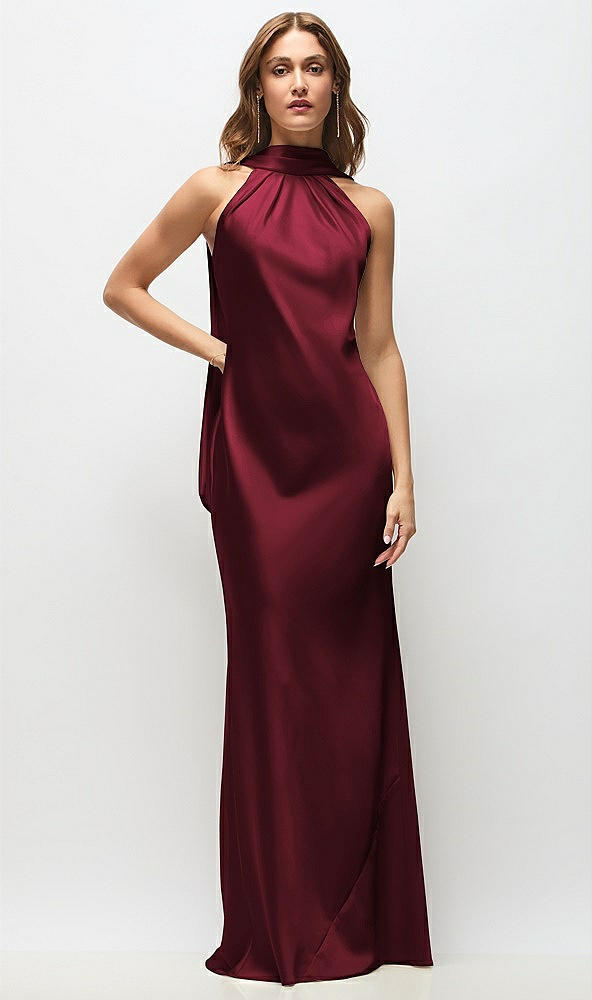 Front View - Cabernet Draped Scarf Halter Open-Back Stretch Satin Bias Maxi Dress with Adjustable Straps