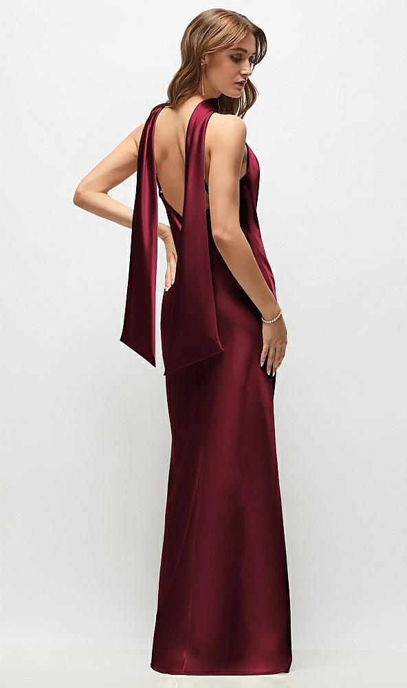 Back View - Cabernet Draped Scarf Halter Open-Back Stretch Satin Bias Maxi Dress with Adjustable Straps