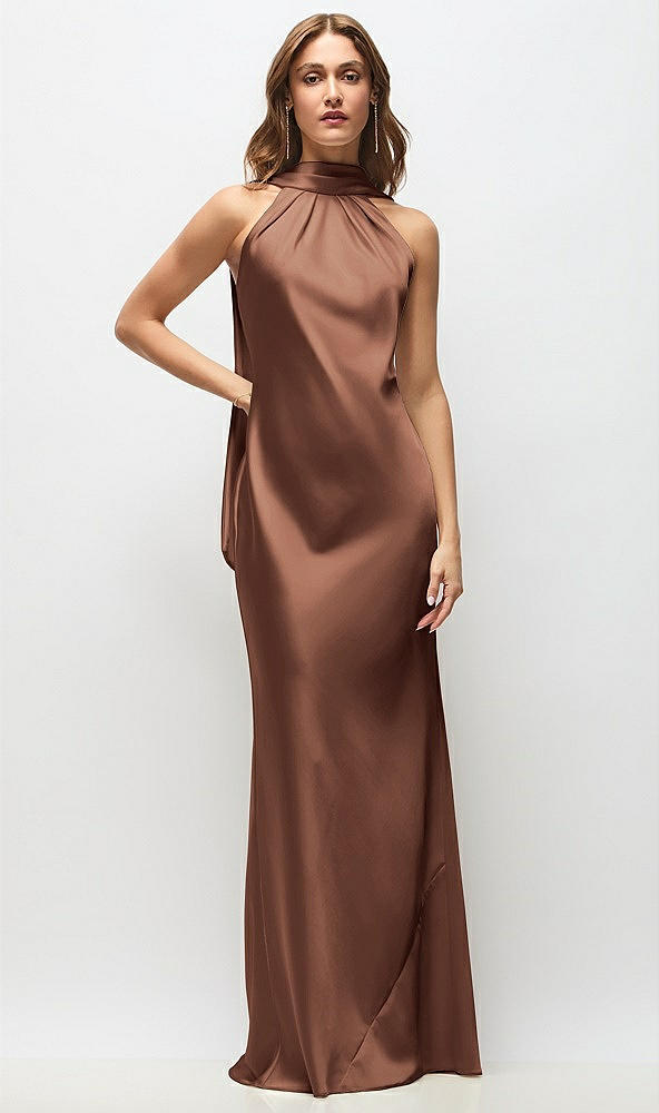 Front View - Cognac Draped Scarf Halter Open-Back Stretch Satin Bias Maxi Dress with Adjustable Straps