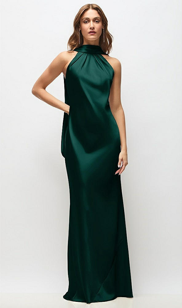 Front View - Evergreen Draped Scarf Halter Open-Back Stretch Satin Bias Maxi Dress with Adjustable Straps