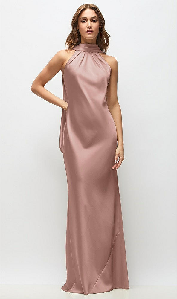 Front View - Neu Nude Draped Scarf Halter Open-Back Stretch Satin Bias Maxi Dress with Adjustable Straps