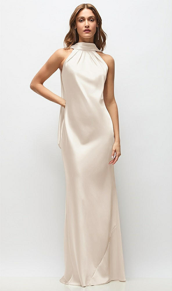 Front View - Oat Draped Scarf Halter Open-Back Stretch Satin Bias Maxi Dress with Adjustable Straps