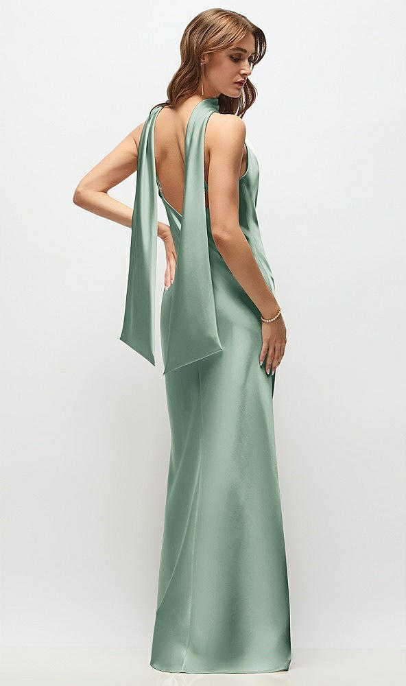 Back View - Seagrass Draped Scarf Halter Open-Back Stretch Satin Bias Maxi Dress with Adjustable Straps