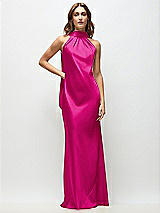 Front View Thumbnail - Think Pink Draped Scarf Halter Open-Back Stretch Satin Bias Maxi Dress with Adjustable Straps