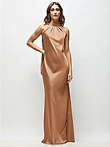 Front View Thumbnail - Toffee Draped Scarf Halter Open-Back Stretch Satin Bias Maxi Dress with Adjustable Straps
