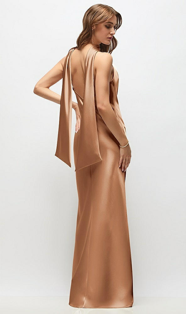 Back View - Toffee Draped Scarf Halter Open-Back Stretch Satin Bias Maxi Dress with Adjustable Straps