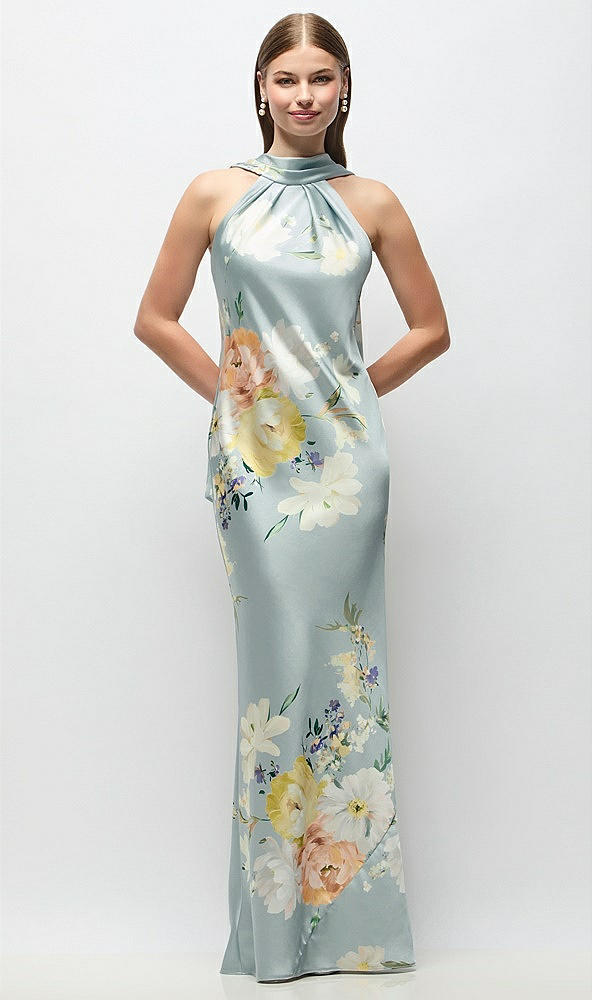 Front View - Mist Multi Draped Scarf Halter Open-Back Painterly Floral Stretch Satin Bias Maxi Dress with Adjustable Straps