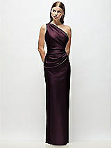 Front View Thumbnail - Deep Plum One-Shoulder Draped Bodice Stretch Satin Column Maxi Dress