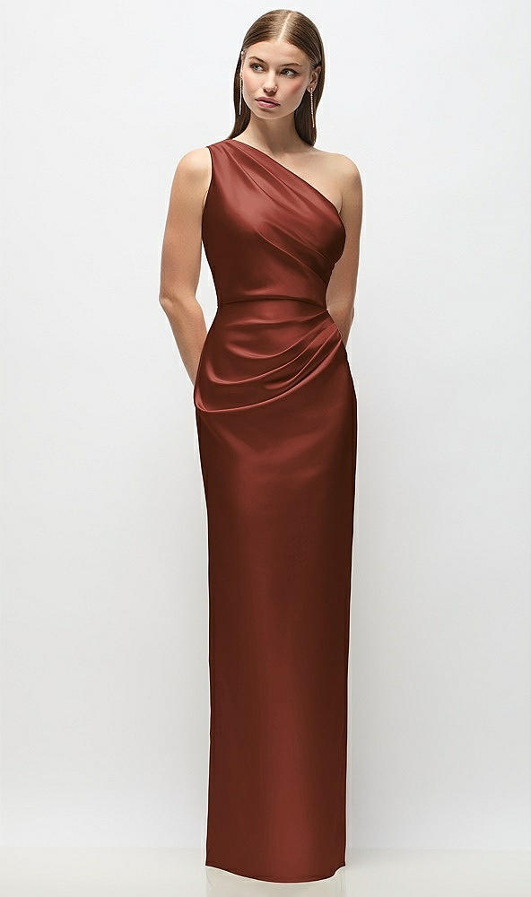 Front View - Auburn Moon One-Shoulder Draped Bodice Stretch Satin Column Maxi Dress