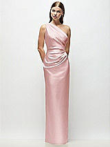 Front View Thumbnail - Ballet Pink One-Shoulder Draped Bodice Stretch Satin Column Maxi Dress