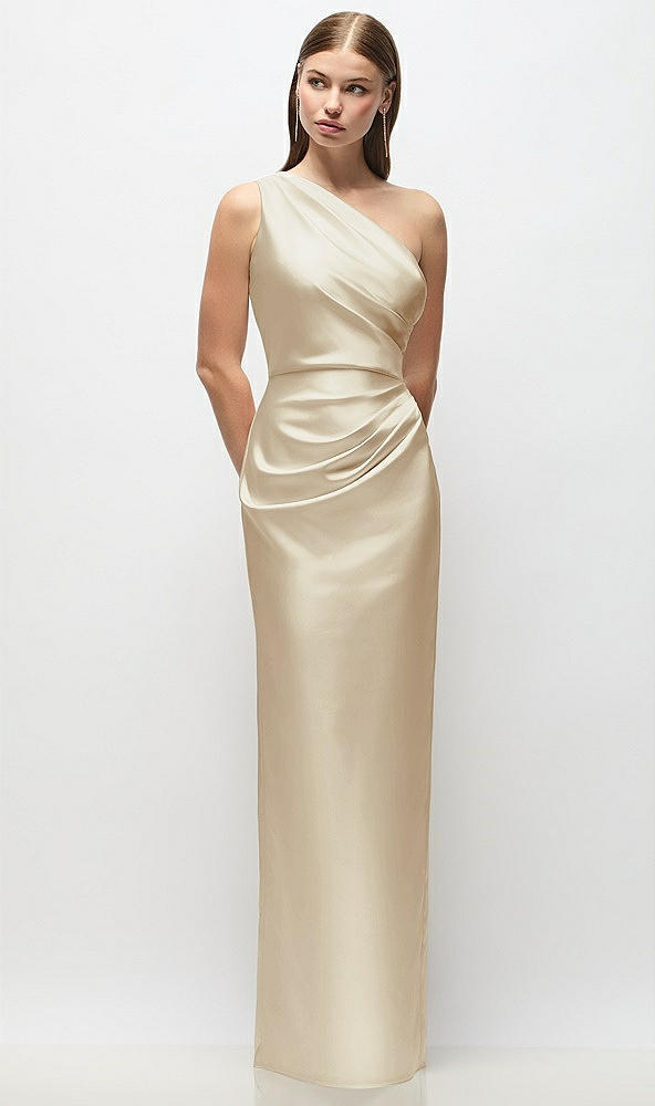 Front View - Champagne One-Shoulder Draped Bodice Stretch Satin Column Maxi Dress