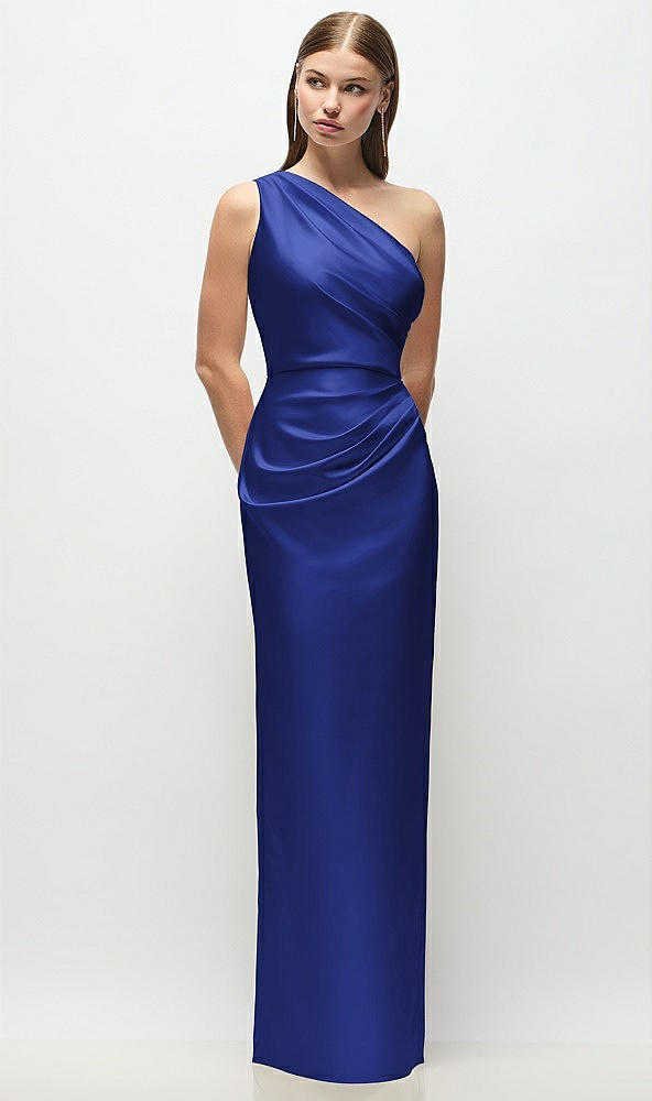 Front View - Cobalt Blue One-Shoulder Draped Bodice Stretch Satin Column Maxi Dress