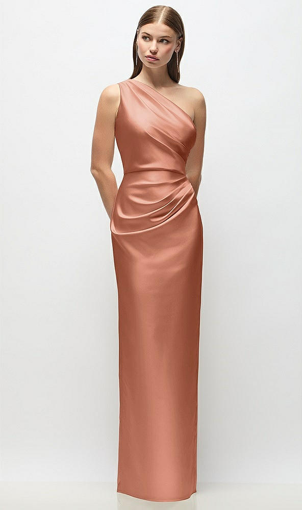Front View - Copper Penny One-Shoulder Draped Bodice Stretch Satin Column Maxi Dress