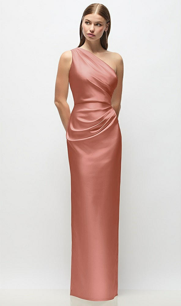 Front View - Desert Rose One-Shoulder Draped Bodice Stretch Satin Column Maxi Dress