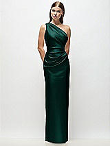 Front View Thumbnail - Evergreen One-Shoulder Draped Bodice Stretch Satin Column Maxi Dress