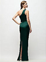 Rear View Thumbnail - Evergreen One-Shoulder Draped Bodice Stretch Satin Column Maxi Dress