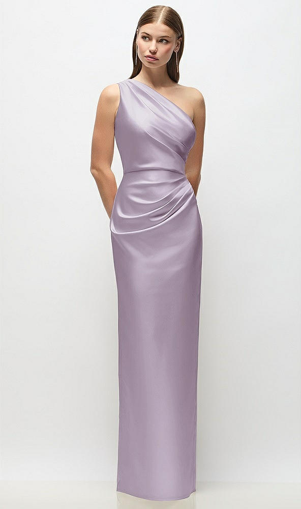Front View - Lilac Haze One-Shoulder Draped Bodice Stretch Satin Column Maxi Dress