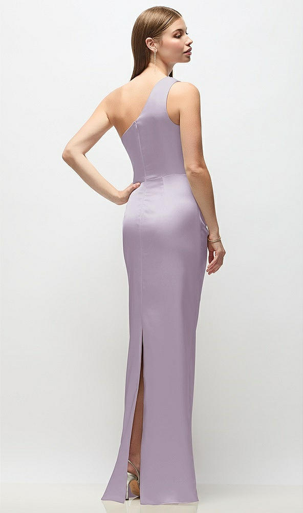 Back View - Lilac Haze One-Shoulder Draped Bodice Stretch Satin Column Maxi Dress
