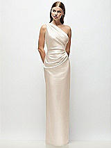 Front View Thumbnail - Oat One-Shoulder Draped Bodice Stretch Satin Column Maxi Dress