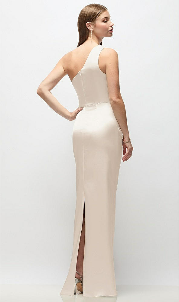 Back View - Oat One-Shoulder Draped Bodice Stretch Satin Column Maxi Dress