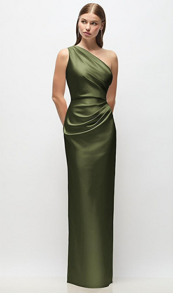 Front View - Olive Green One-Shoulder Draped Bodice Stretch Satin Column Maxi Dress